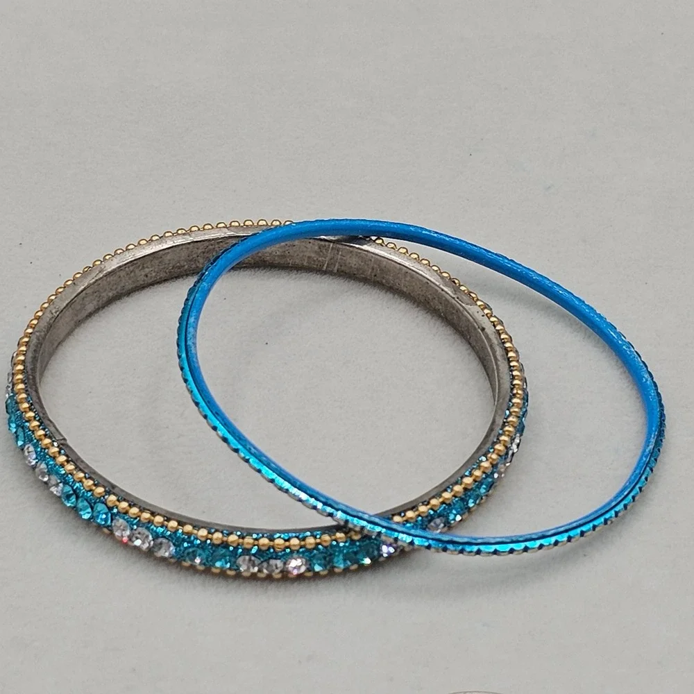 Rhinestone Bangle Bracelet + 1 Accent Bangle 2 Stackable Blue Teal Gold Tone